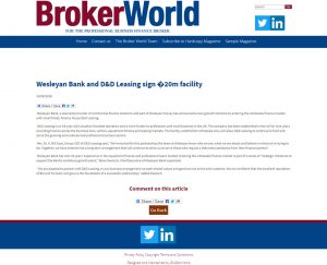 Broker World - - Wesleyan Bank and D&D Leasing sign 20m facility