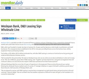 Monitor - Wesleyan Bank, D&D Leasing Sign Wholesale Line
