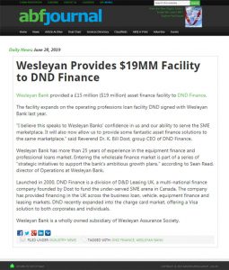 Wesleyan Provides $19MM Facility to DND Finance