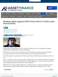 Wesleyan Bank supports DND Finance with £15 million asset finance facility