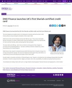 FinTech Futures article - DND Finance launches UK’s first Shariah-certified credit card